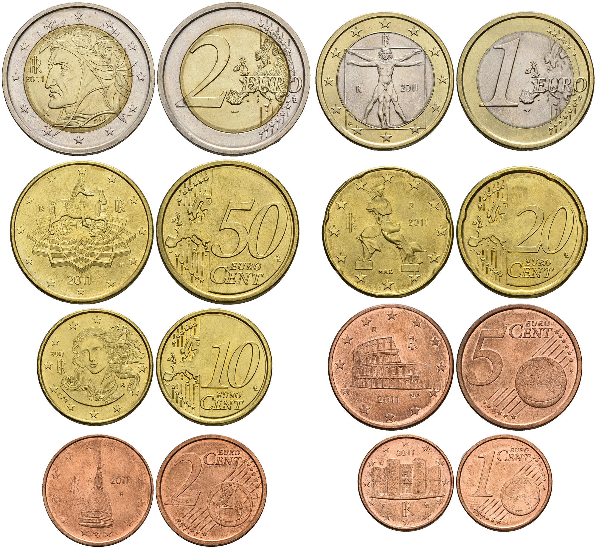 Италия евронабор из 8 монет 2009 1, 2, 5, 10, 20, 50 евроцентов, 1 и 2 евро KM 210, 211, 212, 213, 214, 215, 216, 217 UNC N6-29