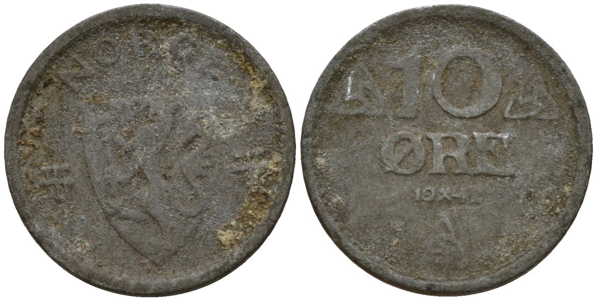 Норвегия 10 эре 1942 Хокон VII (1906 - 1957) KM 389 цинк 4154-755