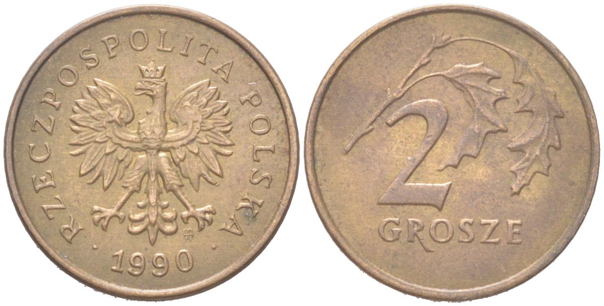 Польша 2 гроша 1990 Y 277 марганец латунь UNC 4614-613