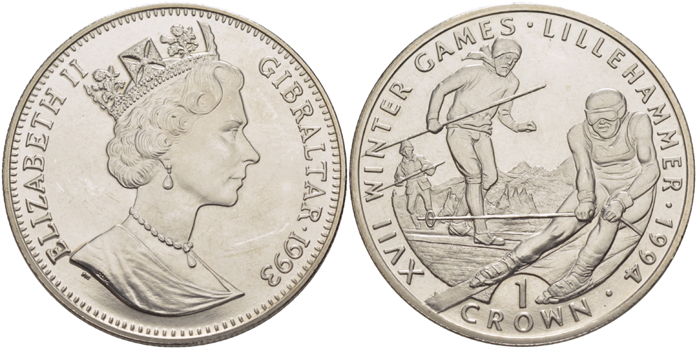 Гибралтар 1 крона 1993 XVII зимние Олимпийские игры 1994 года в Лиллехаммере, горные лыжи KM 148 медно-никель BUNC 1084-9-11