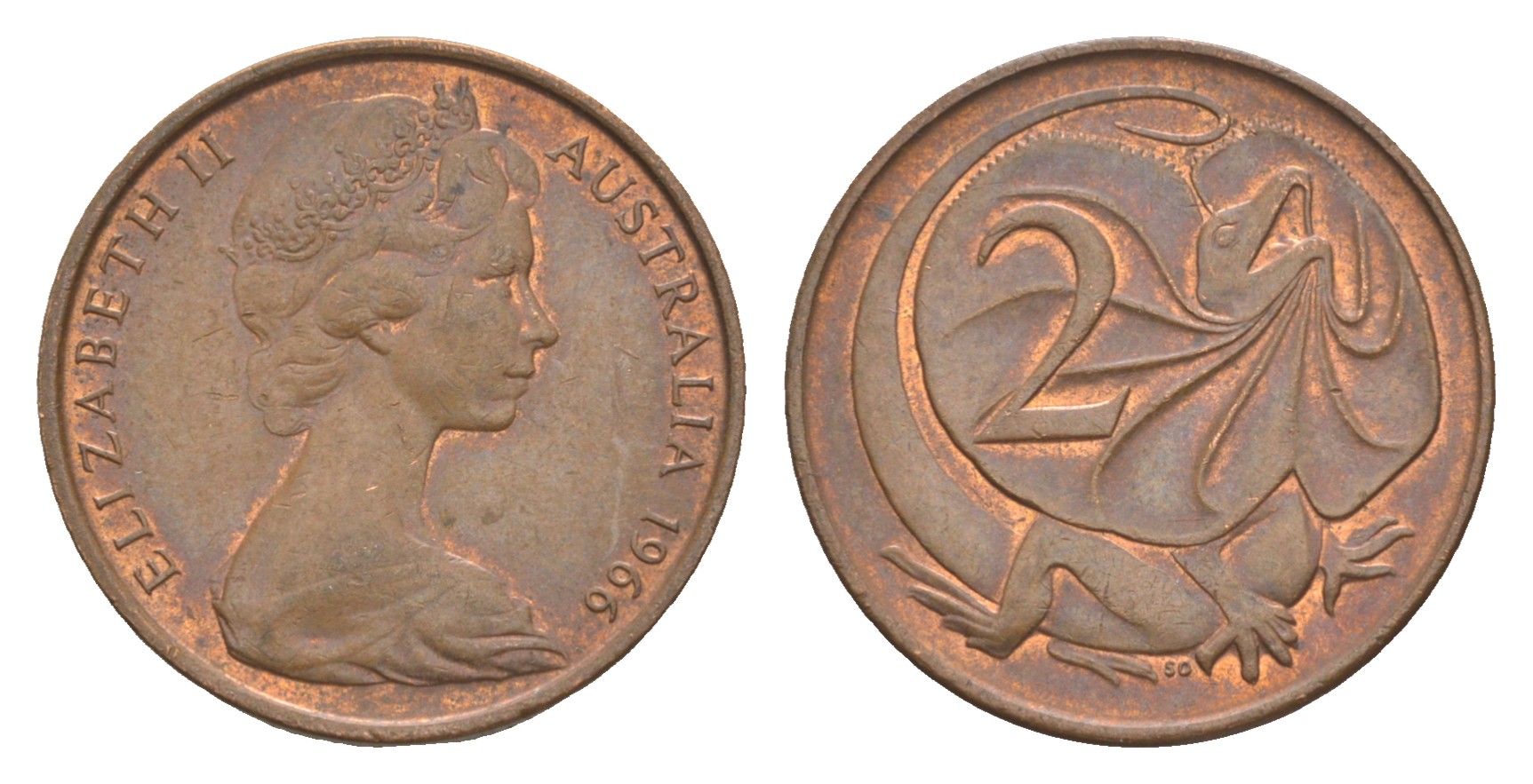 Австралия 2 цента 1966 Елизавета II (1952-2022), плащеносная ящерица KM 63 бронза 4585-1054