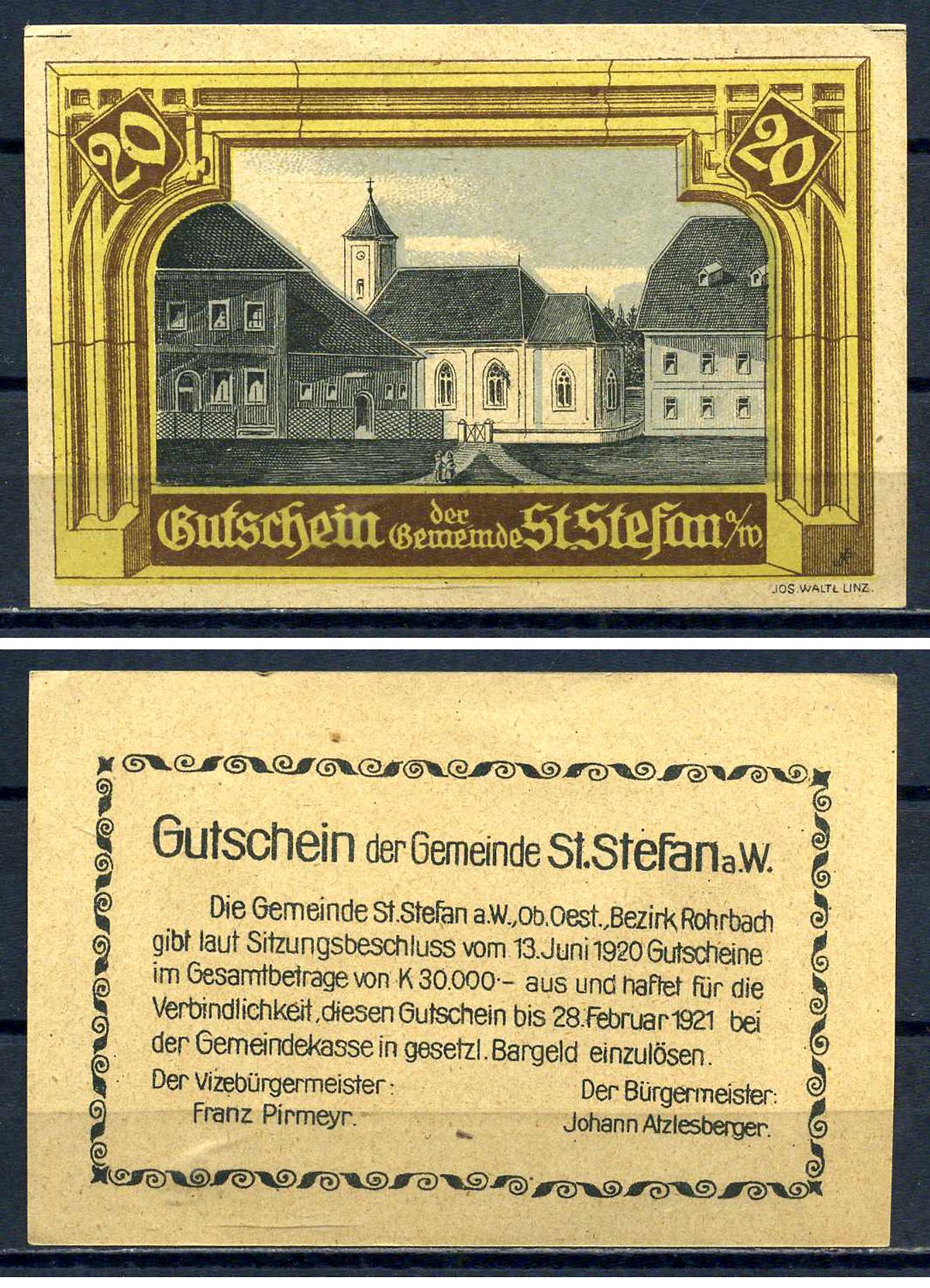 Санкт-Штефан-на-Вальде (Австрия) 20 геллеров 1920 бумага aUNC 7556-36-1-2