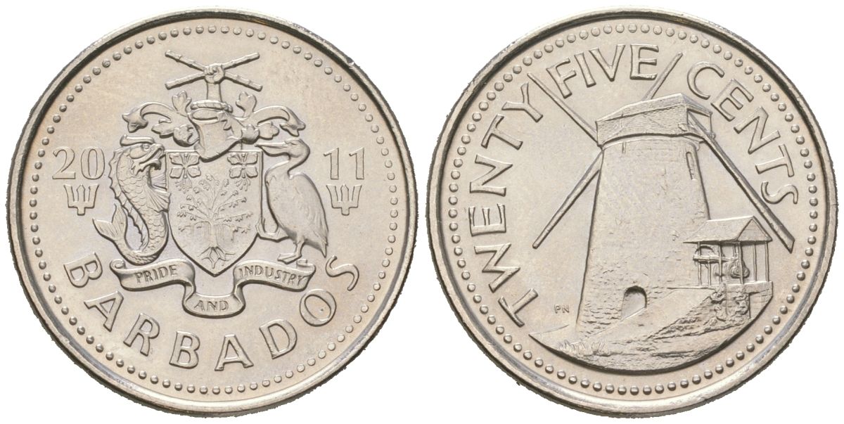 Барбадос 25 центов 2011 KM 13a сталь плакированная никелем UNC 4619-1156