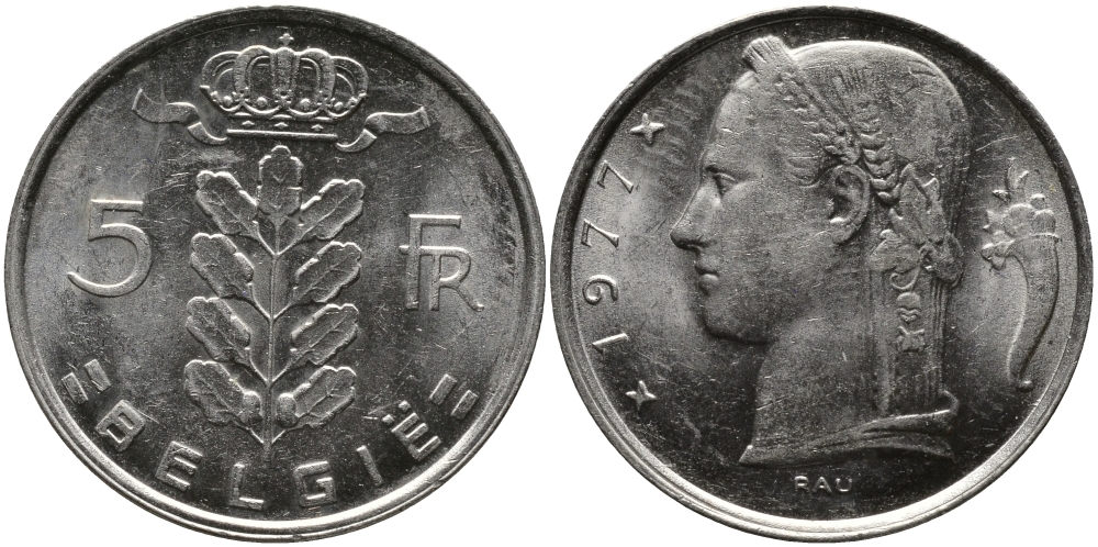 БЕЛЬГИЯ 5 ФРАНКОВ 1977 BELGIE KM 135.1 медно-никель 98-613