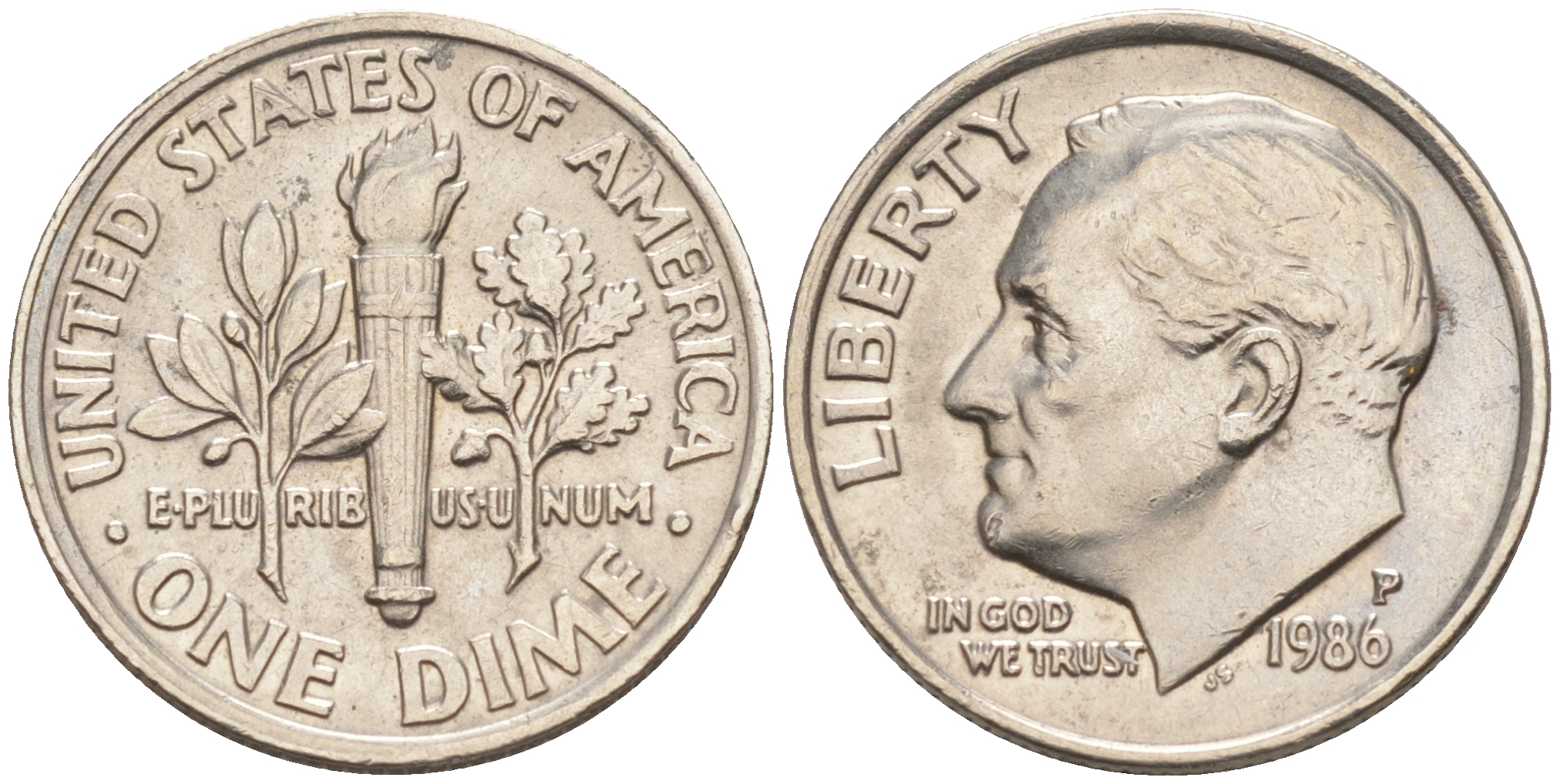 США 10 центов (дайм) 1986 P, Франклин Рузвельт KM 195a медь плакированная медно-никелем 188-435