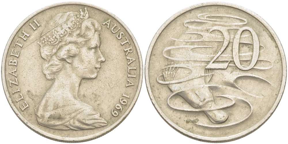 Австралия 20 центов 1969 Елизавета II (1952-2022), утконос KM 66 медно-никель 4521-121