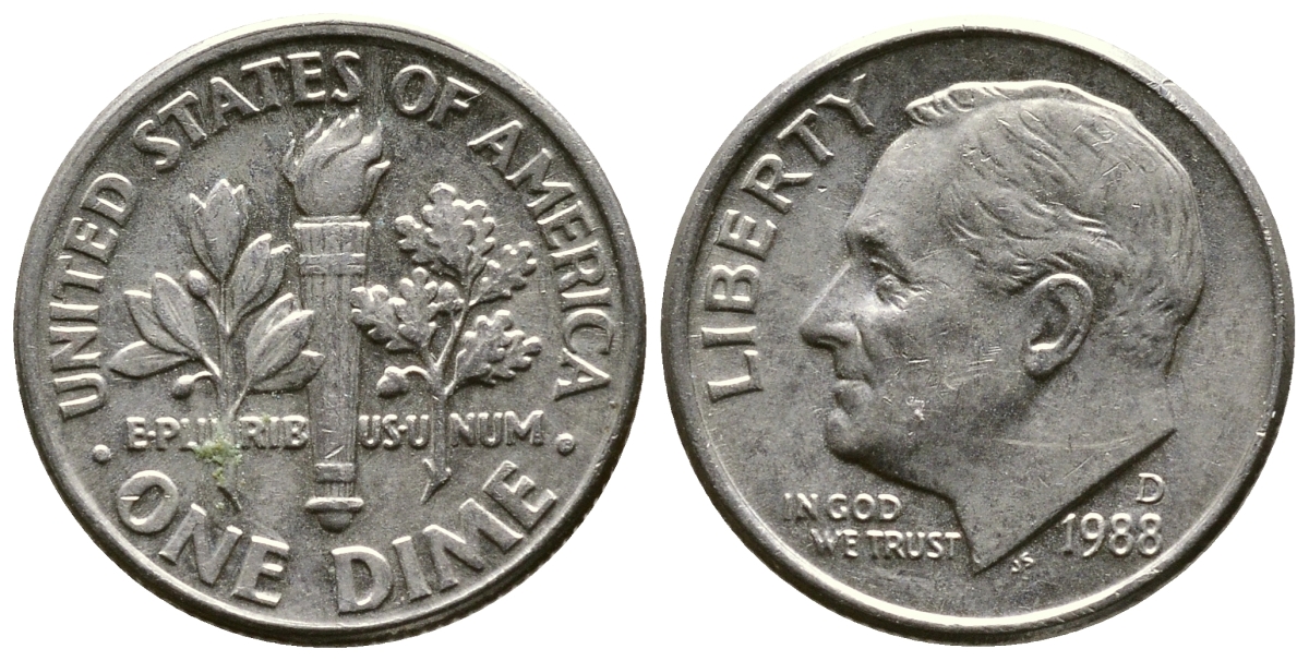 США 10 ЦЕНТОВ = 1 ДАЙМ 1988 D, РУЗВЕЛЬТ KM 195а медь плакированная медно-никелем 57-1235