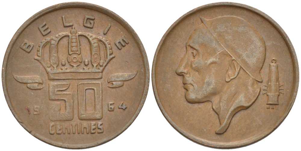 БЕЛЬГИЯ 50 САНТИМОВ 1964 BELGIE KM 149.1 бронза 4396-324