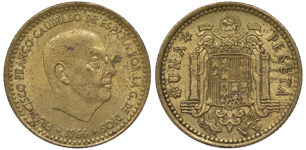 Испания 1 песета 1966 (70) Франсиско Франко (1939-1975) KM 796 алюминиевая бронза 4128-1047