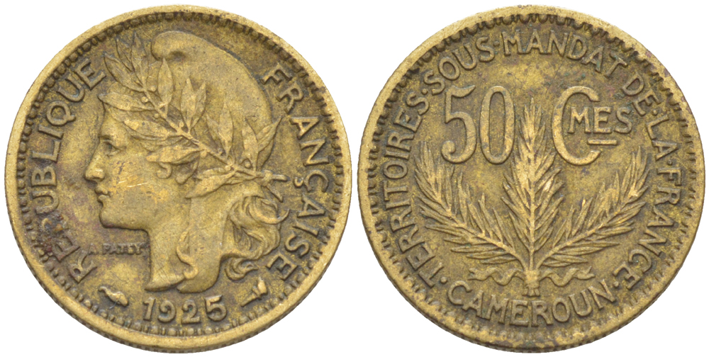 Французский Камерун 50 сантимов 1925 (а), монетный двор Париж KM 1 алюминиевая бронза 36-1147
