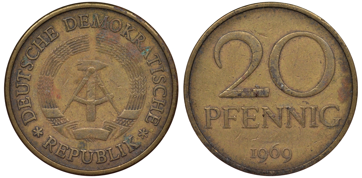 ГДР 20 пфеннигов 1969 А, первый год KM 11 латунь 62-953