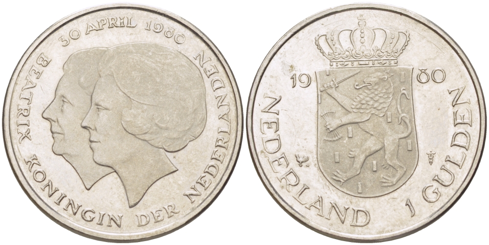 Нидерланды 1 гульден 1980 на коронацию Беатрикс, 30 апреля 1980 KM 200 никель 31-817