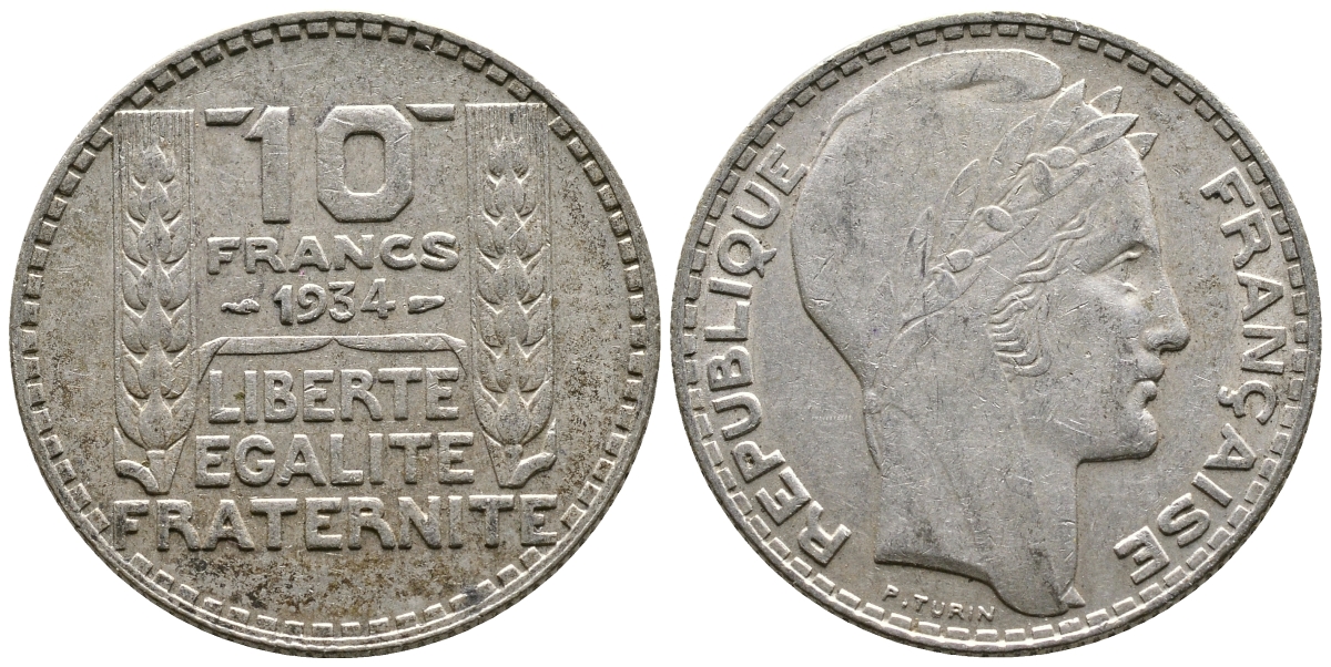 Франция 10 франков 1934 Пьер Тюрен KM 878, Le Franc 360.7 серебро 60-1254