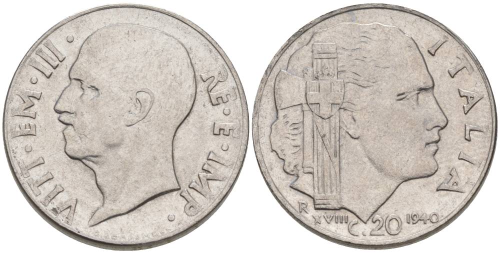 ИТАЛИЯ 20 ЧЕНТЕЗИМО 1940 R, ГОД XVIII, ВИКТОР ЭММАНУИЛ III (1900-1946), МАГНИТНАЯ, ГУРТ РИФЛЁНЫЙ KM 75b, VEM3. 1025 нержавеющая сталь 3853-512