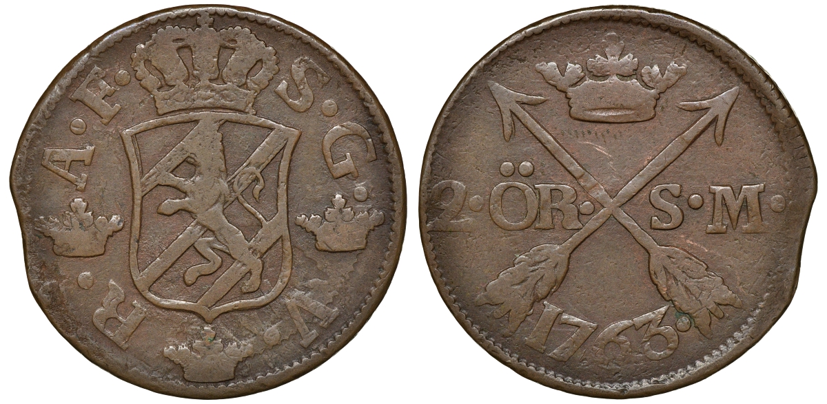 Швеция 2 эре 1763 S.M. Адольф Фредерик (1751-1771) диаметр 34 мм, вес 28,3 гр KM 461 медь 4179-325