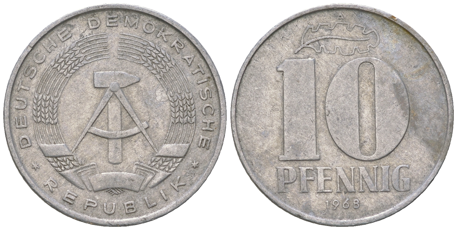 ГДР 10 пфеннигов 1968 A KM 10 алюминий 3459-623