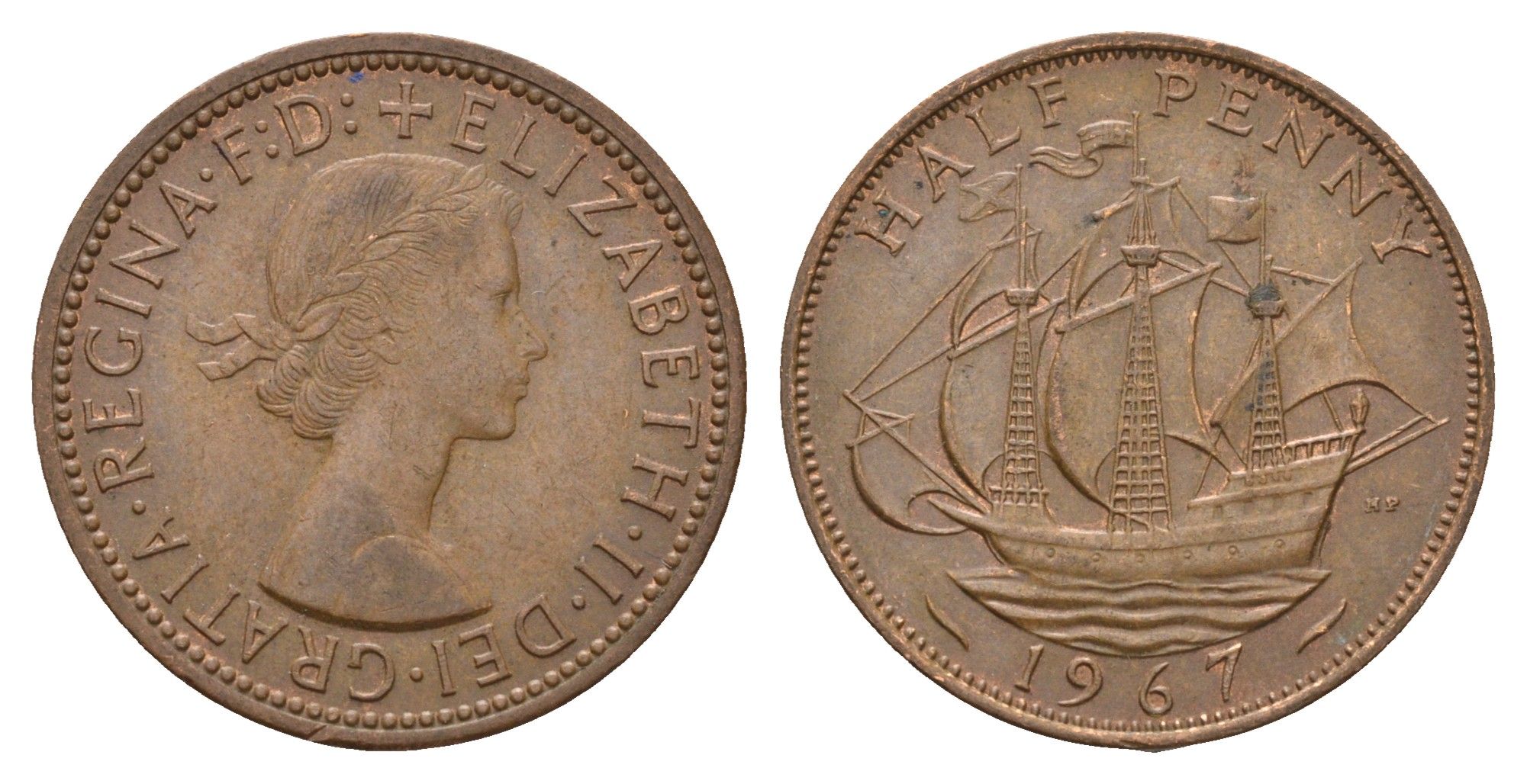 Великобритания 1/2 пенни 1967 Елизавета II (1952-2022) KM 896, Spink 4158 бронза 4675-436