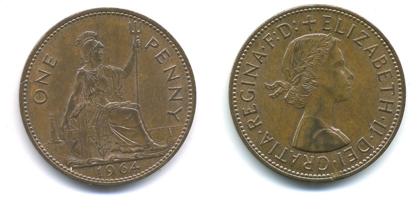 Великобритания 1 пенни 1964 Елизавета II (1952-2022) KM 897, Spink 4157 бронза 3999-326