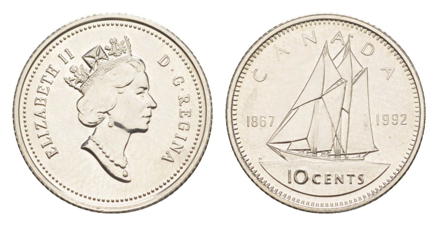 Канада 10 центов 1992 Елизавета II (1952-2022), парусник KM 206 никель UNC 4639-655