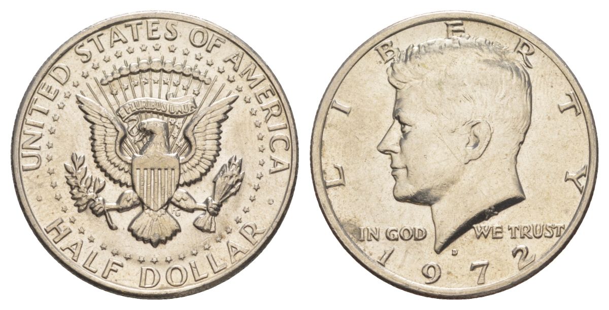 США 1/2 доллара (50 центов) 1972 D, Джон Кеннеди KM 202b медь плакированная медно-никелем aUNC 3855-926