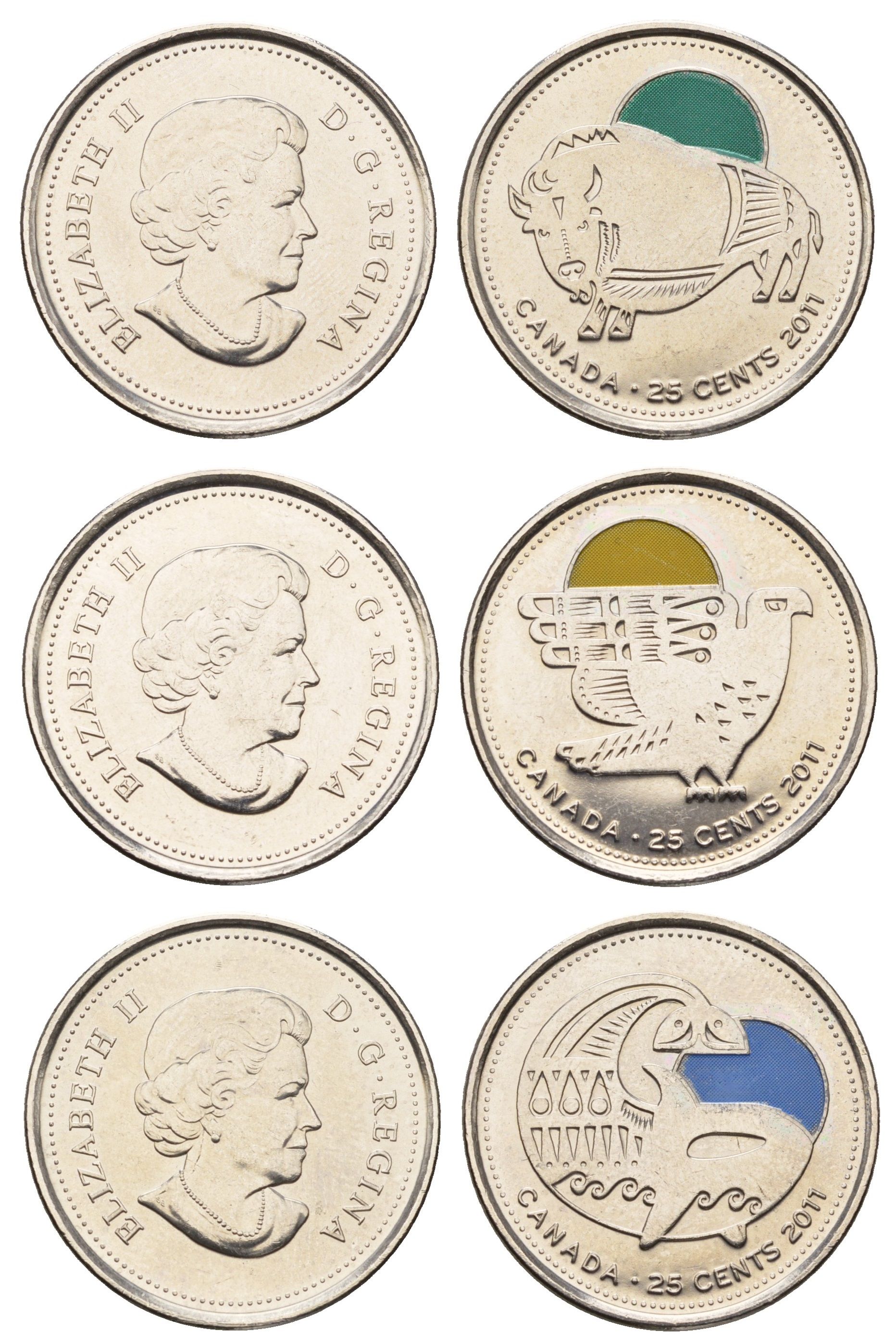 Канада набор из 3 монет (25 центов) 2011 Природа Канады - Бизон, Сапсан и Косатка KM 1168a, 1169a и 1170a сталь плакированная никелем UNC 98-1021-1023