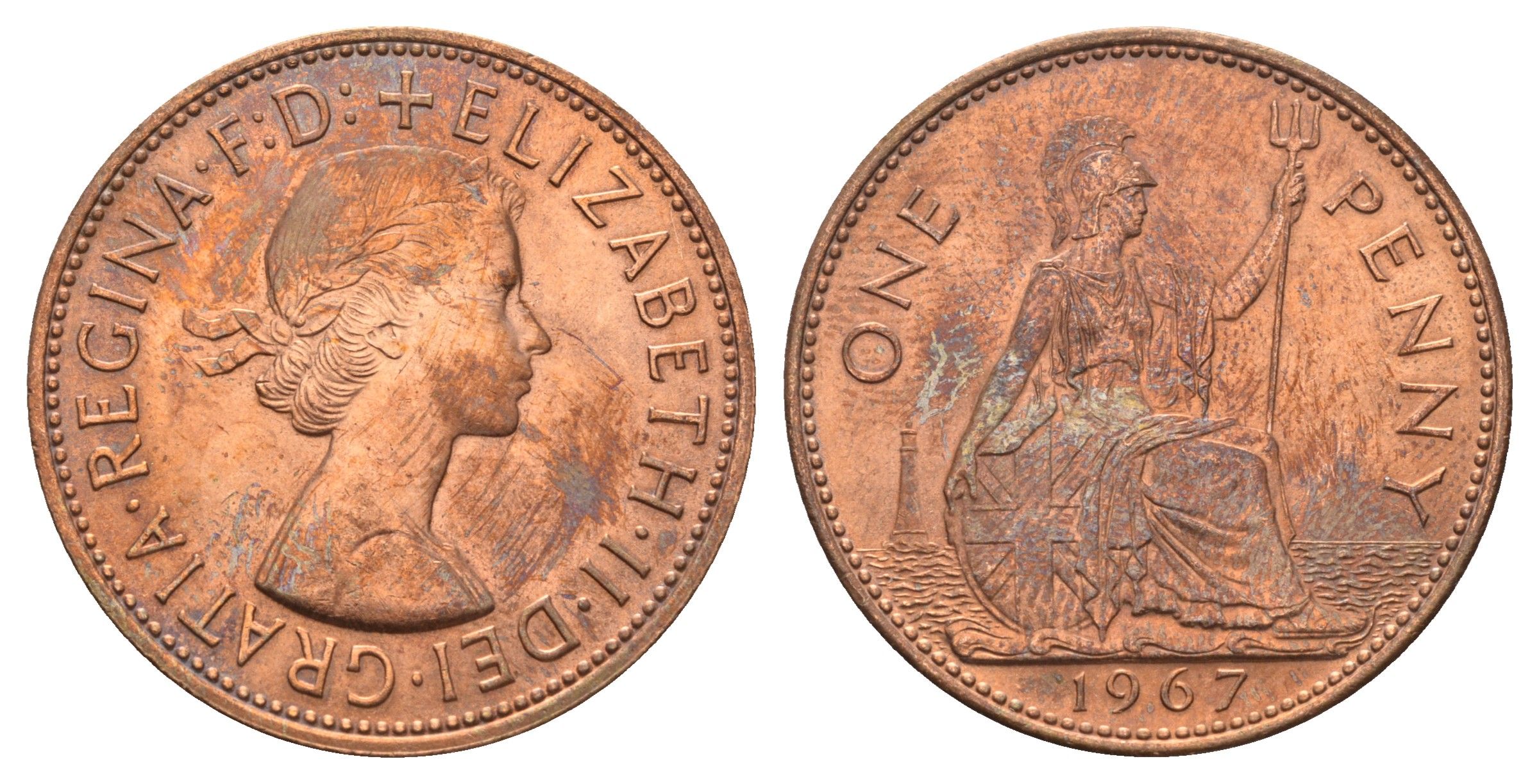 Великобритания 1 пенни 1967 Елизавета II (1952-2022) KM 897, Spink 4157 бронза UNC 4692-731