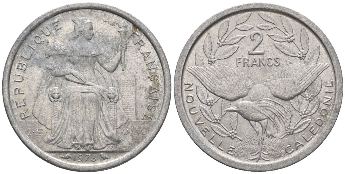 Французская Новая Каледония 2 франка 1973 птица кагу, (IEOM) KM 14, Schoen 11, Lec 57 алюминий    27-337