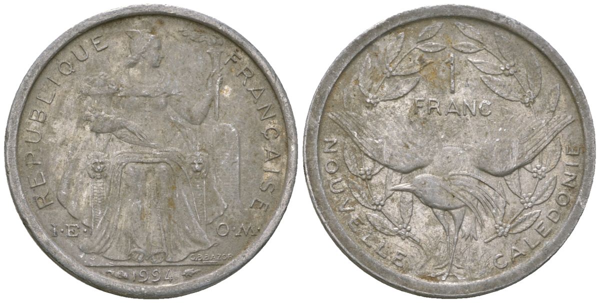 Французская Новая Каледония 1 франк 1994 птица кагу, (IEOM) KM 10, Schoen 10, Lec 52 алюминий 53-1125