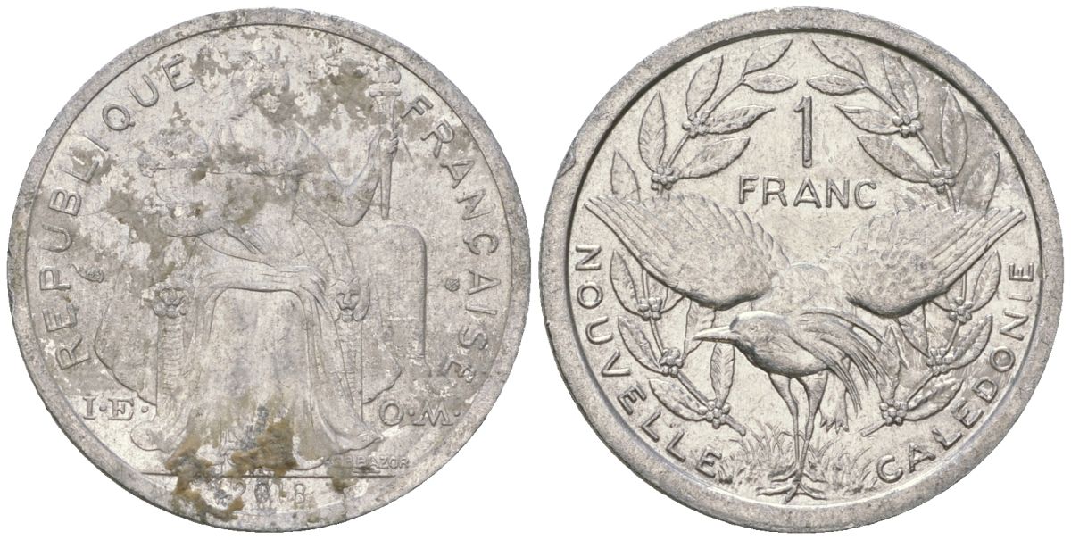 Французская Новая Каледония 1 франк 2018 птица кагу, (IEOM) KM 10, Schoen 10 алюминий 54-1417
