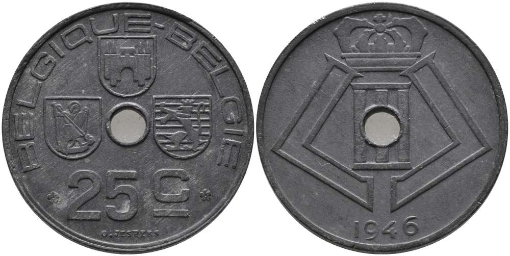 БЕЛЬГИЯ 25 САНТИМОВ 1946 BELGIQUE-BELGIE, ГЕРМАНСКАЯ ОККУПАЦИЯ, ВТОРАЯ МИРОВАЯ ВОЙНА KM 131 цинк 94-324