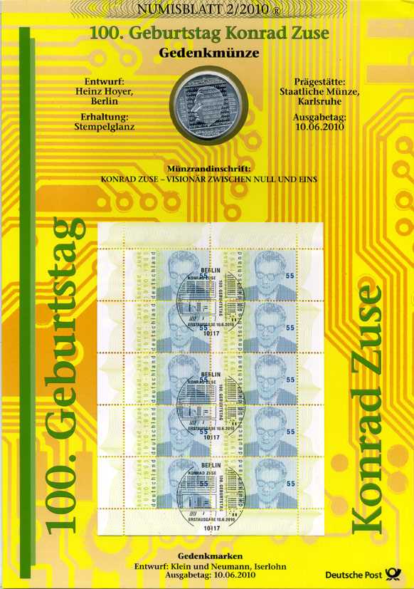 ФРГ 10 евро + блок марок 2010 G, 100 лет СО ДНЯ РОЖДЕНИЯ КОНРАДА ЦУЗЕ (1910-2010) ПИОНЕРА НЕМЕЦКОГО КОМПЬЮТЕРОСТРОЕНИЯ, официальный буклет немецкой почты (DEUTSCHE POST), с марками первого дня гашения 10.06.2010    UNC  14-01-03-01
