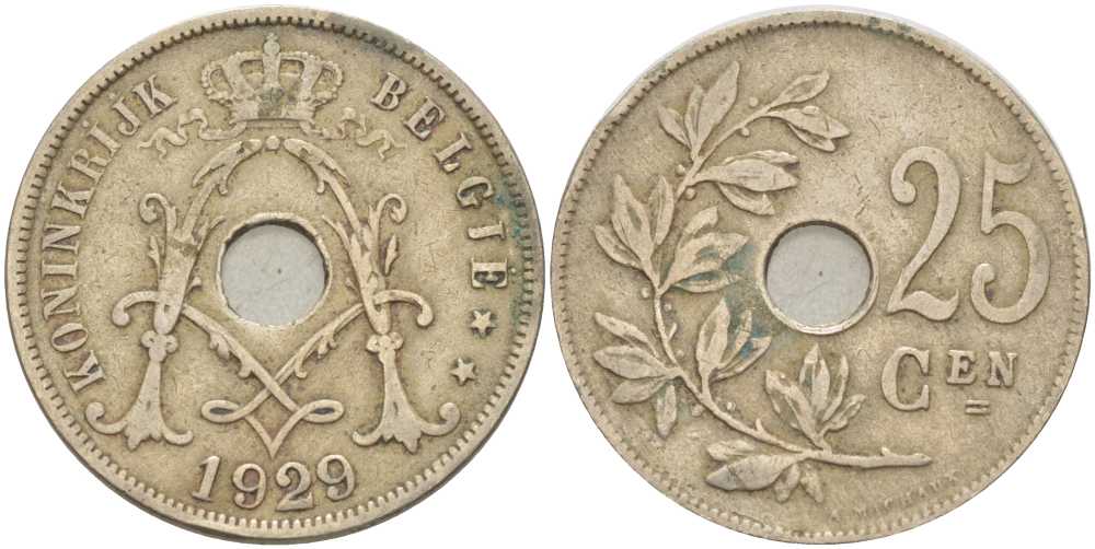 БЕЛЬГИЯ 25 САНТИМОВ 1929 BELGIE KM 69 медно-никель 180-1221