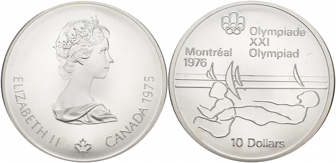 Канада 10 долларов 1975 XXI летние Олимпийские игры в Монреале 1976 года, виндсерфинг KM 104 серебро UNC 01-172-25