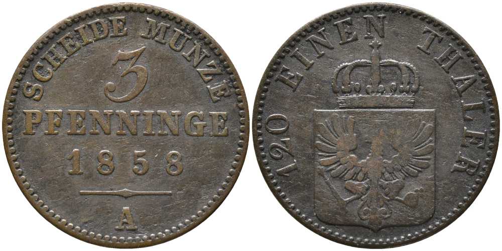 ПРУССИЯ 3 ПФЕННИГА 1858 А, ФРИДРИХ ВИЛЬГЕЛЬМ IV (1840-1861) KM 453 медь 4448-1116