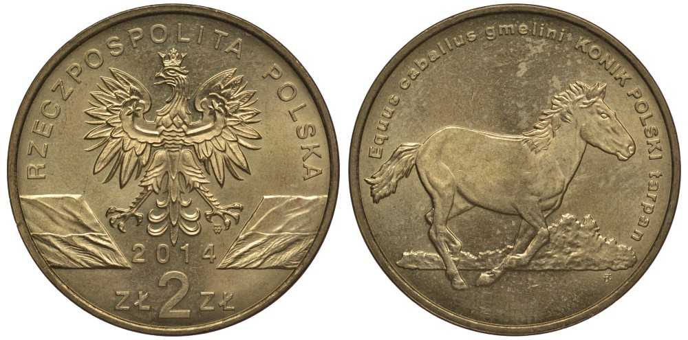 Польша 2 злотых 2014 MW, серия сохраним природу, польский коник KM 896 латунь 111-642