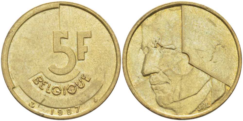 БЕЛЬГИЯ 5 ФРАНКОВ 1987 BELGIQUE KM 163 латунь или алюминиевая бронза 4391-231