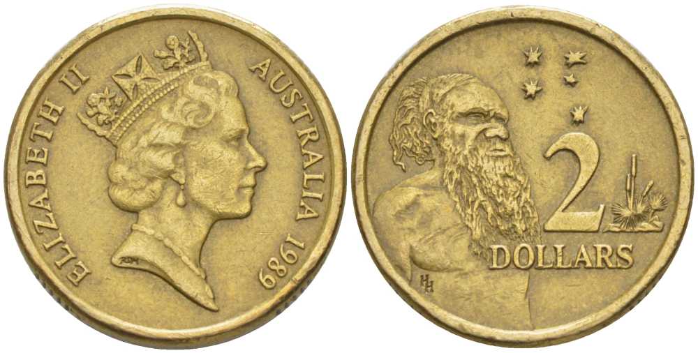 АВСТРАЛИЯ 2 ДОЛЛАРА 1989 АБОРИГЕН, ЕЛИЗАВЕТА II, ВТОРОЙ ПОРТРЕТ В КОРОНЕ KM 101 алюминиевая бронза 4395-1133