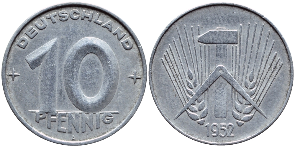 ГДР 10 пфеннигов 1952 A КМ 7 алюминий 261-315