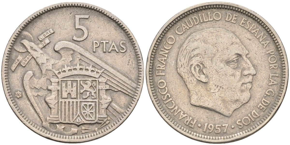Испания 5 песет 1957(60) Франциско Франко (1939-1975) KM 786 медно-никель 4583-1214