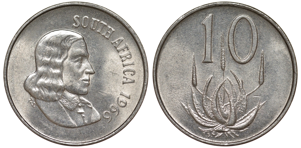 ЮАР 10 центов 1966 Ян ван Рибек, легенда на английском KM 68.1 никель 4163-843