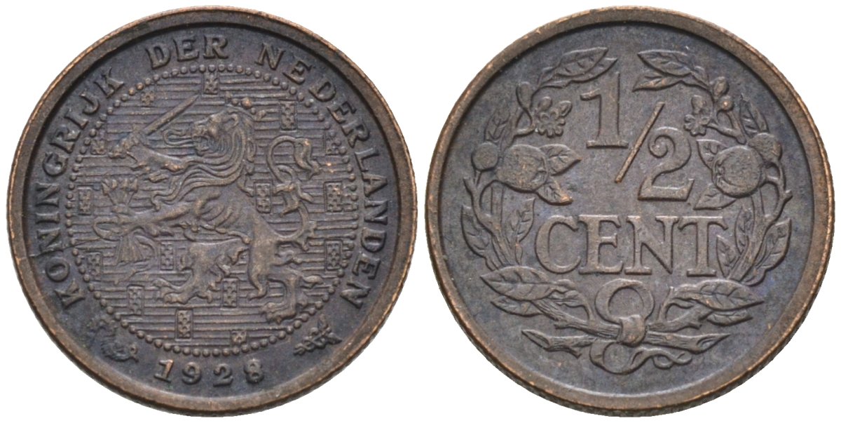 Нидерланды 1/2 цента 1928 Вильгельмина (1890-1948) KM 138 бронза 4576-513