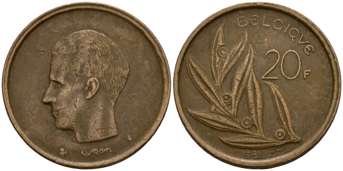 Бельгия 20 франков 1981 Belgique, Бодуэн I (1951-1993) KM 159 никель бронза 4601-341