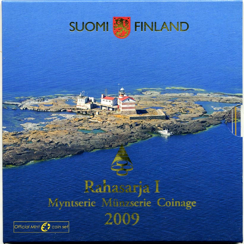 Финляндия евронабор из 8 монет + жетон 2009 маяки Скандинавии, MARKET (1885-2009), официальный набор в оригинальном буклете KM MS 98   UNC  5-6-1-10