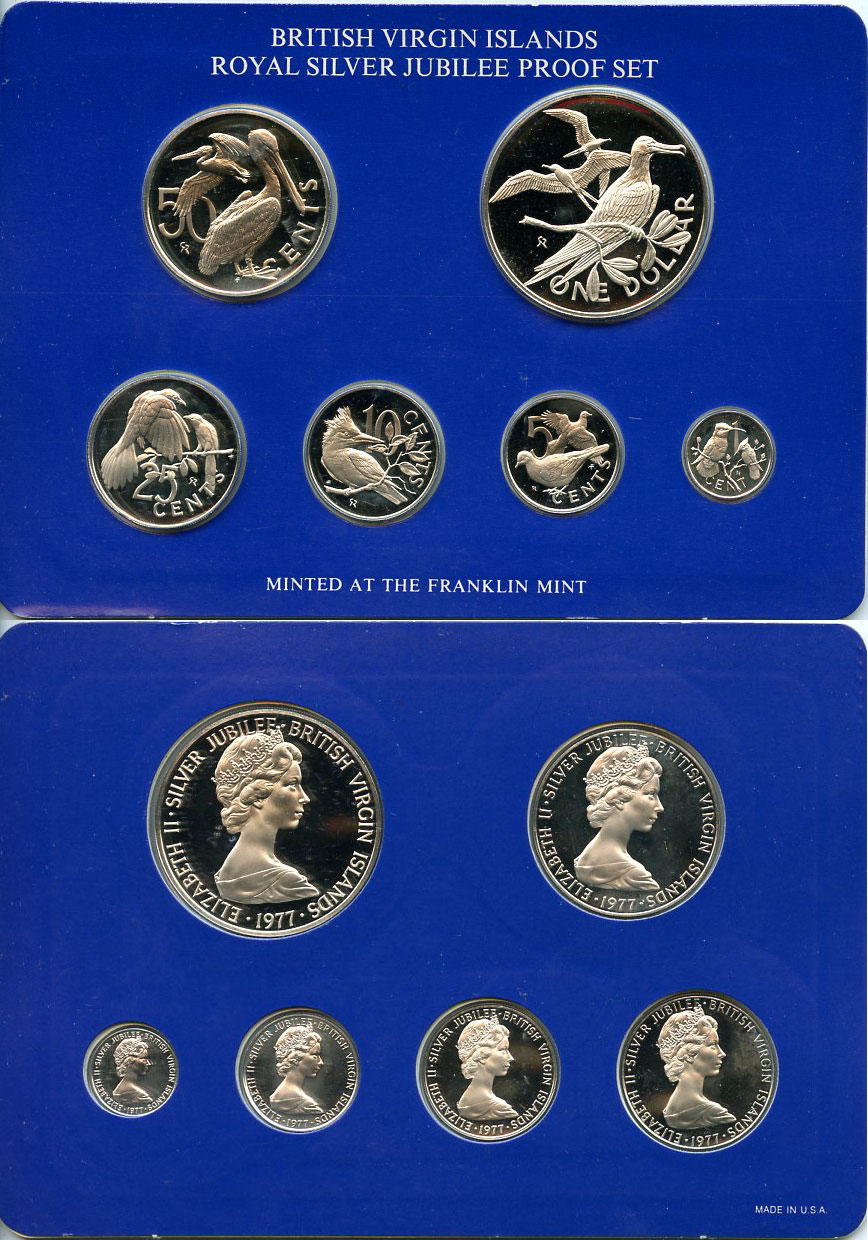 Британские Виргинские острова набор из 6 монет 1977 25 лет правления Елизаветы II (1952-2022), птички, в картонном буклете, запайка, в оригинальной коробке, с сертификатом KM PS 6, KM 9-14 серебро  PROOF  8-2-04-13