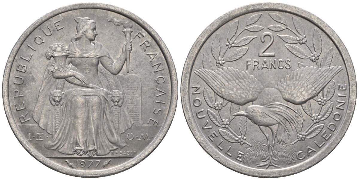 Французская Новая Каледония 2 франка 1977 птица кагу, (IEOM) KM 14, Schoen 11, Lec 58 алюминий    08-744