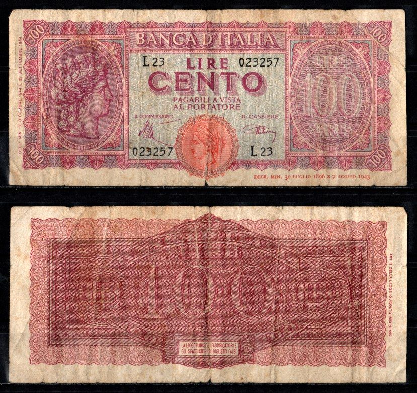 Италия 100 лир 1944 Pick 75 a бумага 2198-21-2-1