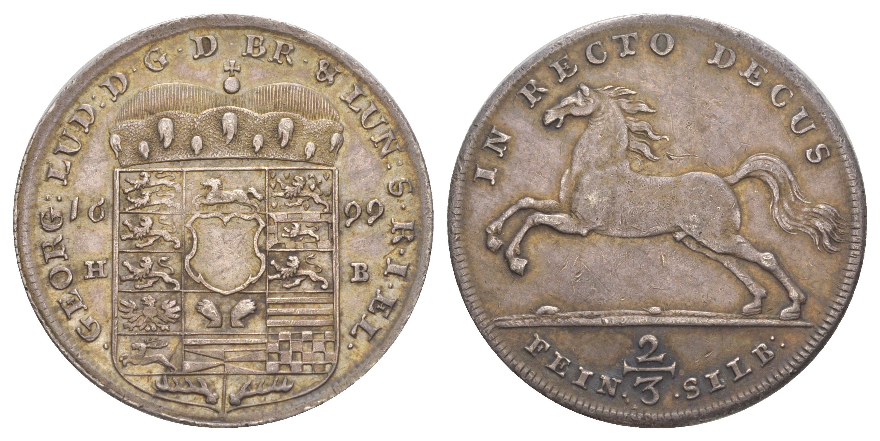 Брауншвейг-Каленберг-Ганновер 2/3 талера 1699 HB, Георг I (1698-1727), из коллекции Ричарда Б. Смита Davenport 418, KM 17, Welter 2153 серебро 00-821-14