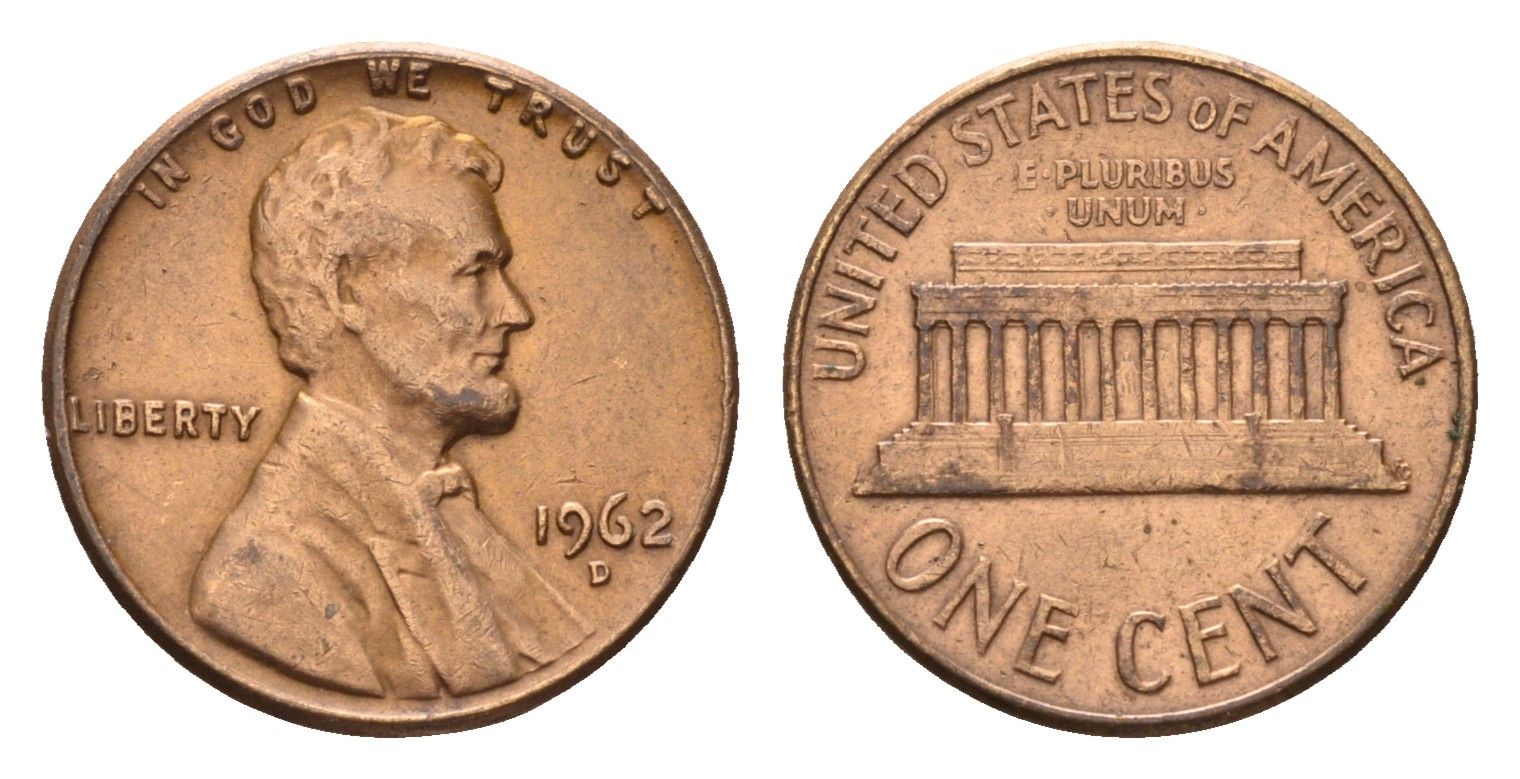 США 1 цент 1962 D, Линкольн KM 201 медь цинк 4627-546