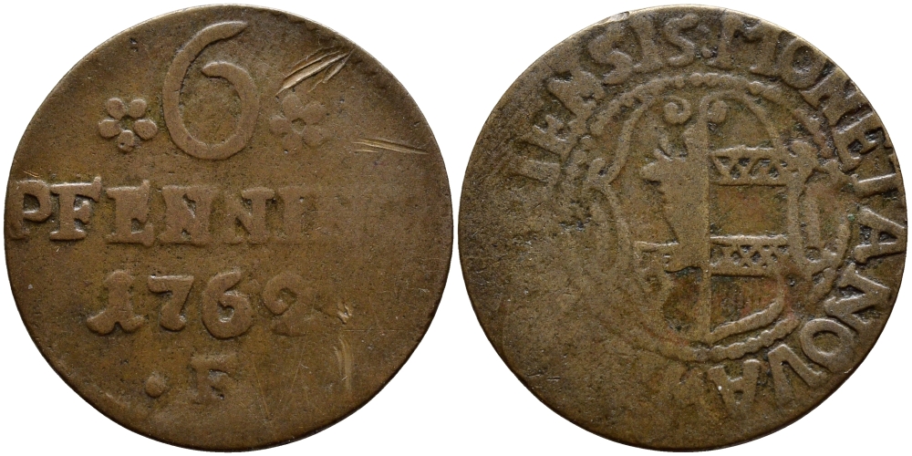 Висмар 6 пфеннигов 1762 F, земля Мекленбург KM 249 медь 560-1631