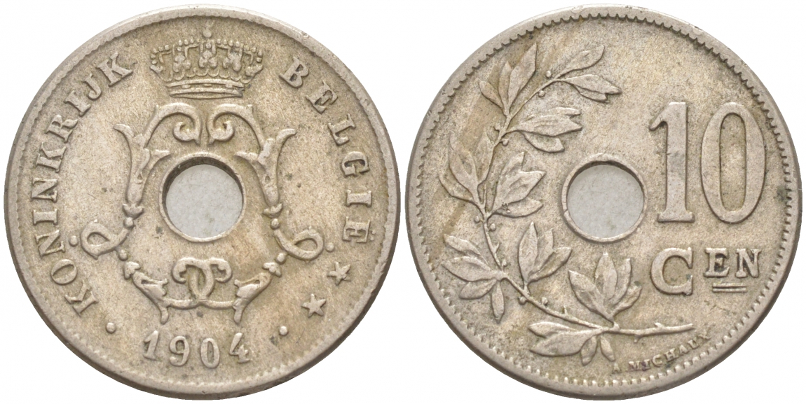 БЕЛЬГИЯ 10 САНТИМОВ 1904 BELGIE KM 53 медно-никель 68-221